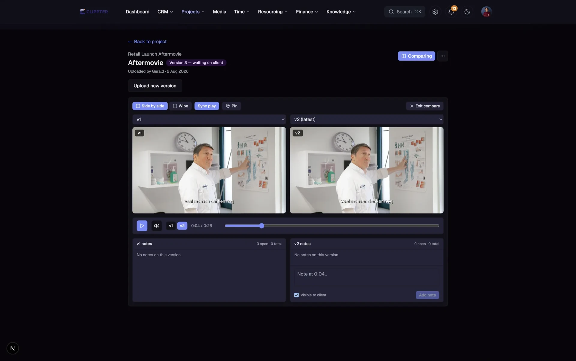 Side-by-side videoversie-vergelijking in het klantportaal